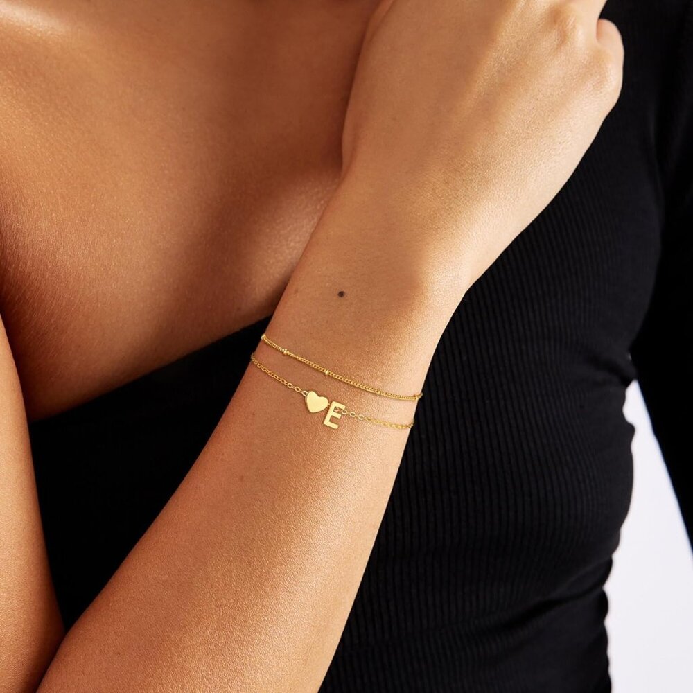 Christmas Gifts for Grandkids Teens Girls, 14K Gold Plated Heart Initial Bracele - Picture 7 of 7